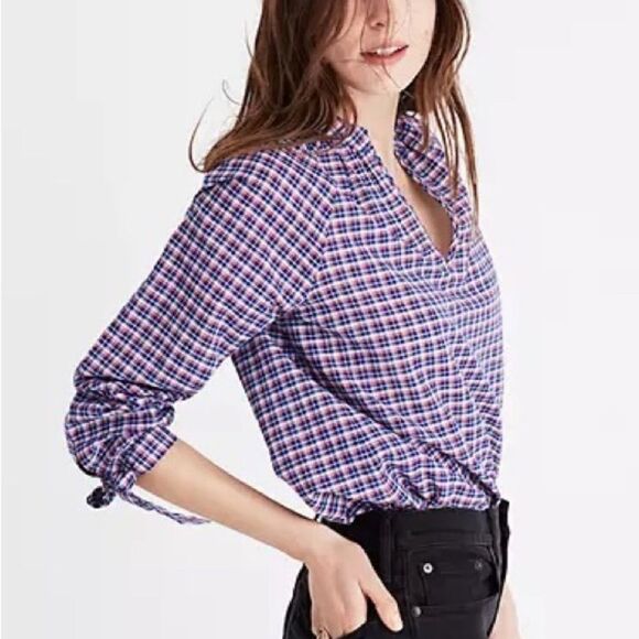 Madewell Blue Red Tie-Sleeve Linen Blend Top in Whitby Plaid Size Small - Picture 1 of 12